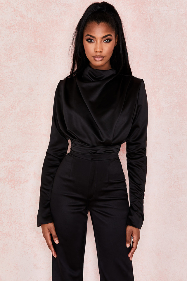 'Giselle' Black Satin Blouse Bodysuit